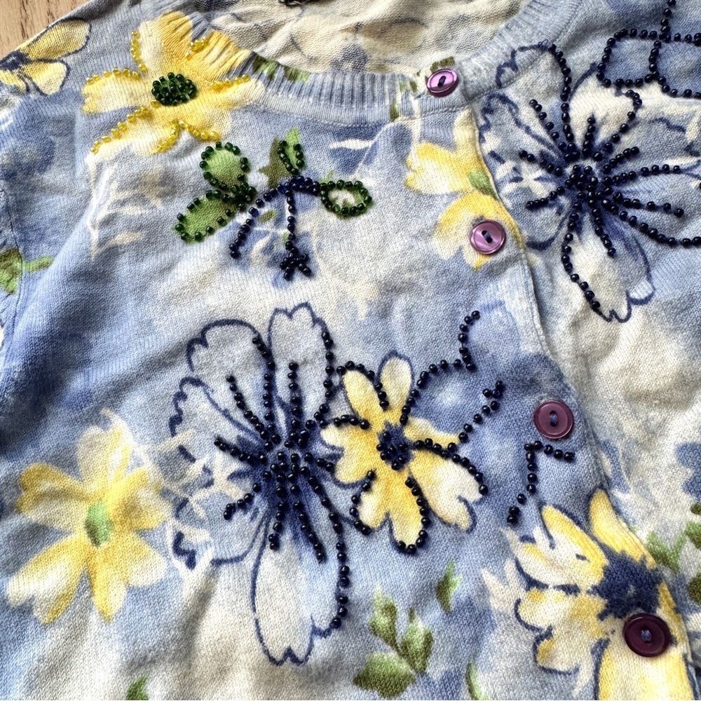 Blue Yellow Flower Print Cardigan w. Beading Size S - Picture 4 of 9